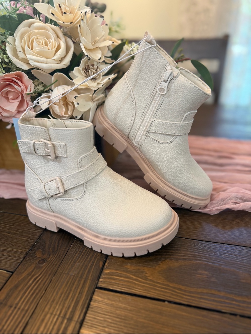 Cat & Jack Cream Ankle Boots with Pink Sole